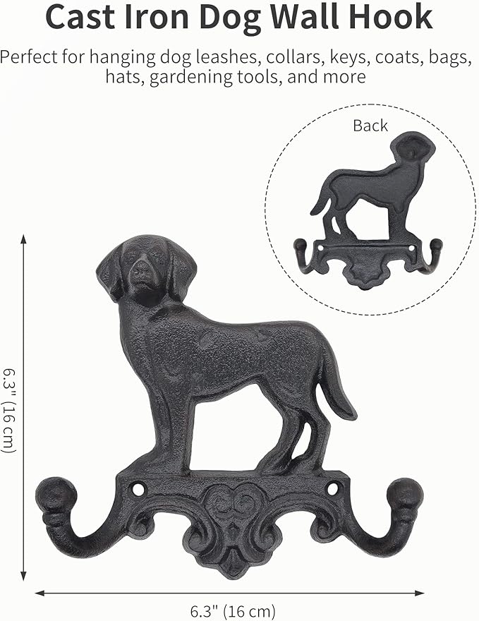 Cast Iron Dog Wall Hooks for Hanging, Heavy Duty Dog Leash Holder for Wall Mount Coat Hooks Decorative Key Hanger Vintage Farmhouse Entryway Cute Animal Decor Rustic Black 2 Pack