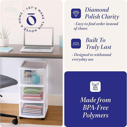 HOMZ 2-Pack Drawer Tower, 3-Tier Clear Plastic Storage Organizer Cart, White Frame - Organizing Containers with Wheels for Home, Bathroom, Bedroom, Office, and Classroom