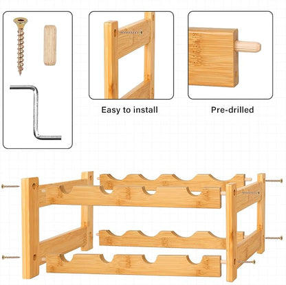 VASMIA Wine Rack, 2-Tier Bamboo Wine Racks Countertop Cabinet Wine Holder Wine Storage Shelf for Pantry Kitchen Bar, Natural