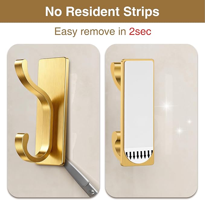 pickpiff Wall Hooks with Adhesive Strip- Easy to Remove, No Residue, Strong Heavy Duty Sticky Towel Hook, 4 Pack Brushed Gold