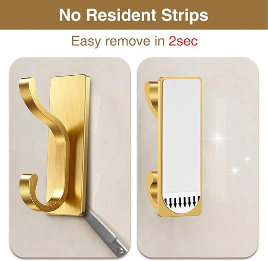 pickpiff Wall Hooks with Adhesive Strip- Easy to Remove, No Residue, Strong Heavy Duty Sticky Towel Hook, 4 Pack Brushed Gold