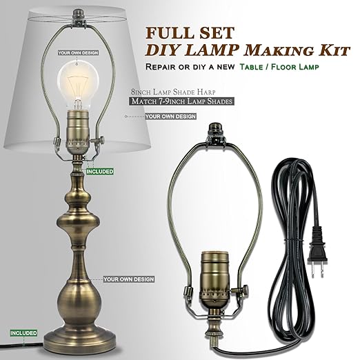 Lamp Rewire Kit,Make a Lamp or Repair Kit,3-Way Lamp Socket with Matching Cord Lamp Harp Set,Lamp Wiring Kit for Table Floor Lamp,Essential Hardware for DIY Lamp Design or Repair (Antique Brass, 1)