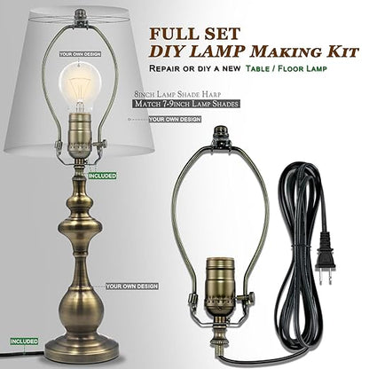 Lamp Rewire Kit,Make a Lamp or Repair Kit,3-Way Lamp Socket with Matching Cord Lamp Harp Set,Lamp Wiring Kit for Table Floor Lamp,Essential Hardware for DIY Lamp Design or Repair (Antique Brass, 1)