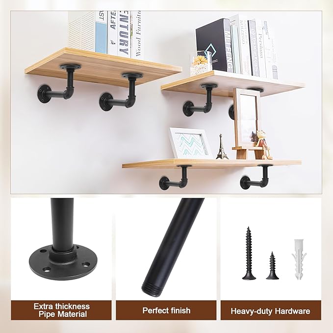 Storystore Industrial Pipe Shelf Brackets, 6 Pack Iron L-Shaped Shelving Brackets for 7-14 inches Board, Heavy Duty Metal Shelving Bracket - Black DIY Pipe Shelves (6.5 x 3.5 Inch)