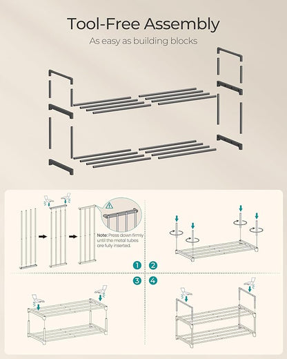 SONGMICS Shoe Rack, 2-Tier Shoe Organizer, Metal Storage Shelf, Upright or Upside Down, for 6-9 Pairs, Stackable, for Entryway, 11.8 x 26.8 x 14.6 Inches, Black ULSA202B01