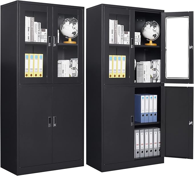 Letaya Storage Cabinet with Doors and Shelves,71" Steel Locker Acrylic Glass Door with Lock, for School Home Office
