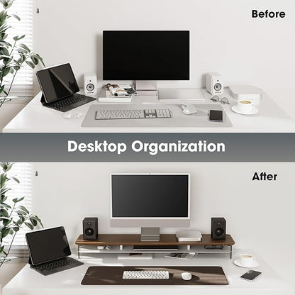 Fenge Acrylic Monitor Stand Riser, 42.5 Inches Dual Monitor Stand with Metal Storage, 2 Tier Acrylic Computer Riser for Desk, Clear Laptop Stand for PC, Laptop, Printer, TV, Brown