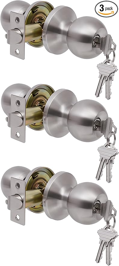 Lanwandeng 3 Pack Door Knobs with Lock and Key,All Keyed Same Entry Door Knob, Exterior and Interior Door Lock, Door Handle Satin Nickel