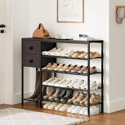 5-Tier Shoe Rack with 2 Fabric Drawers, Metal Frame and Wooden Board Shoe Organizer for 16-20 Pairs of Shoes, Shoe Shelf with Boots Storage for Entryway Closet Dark Brown