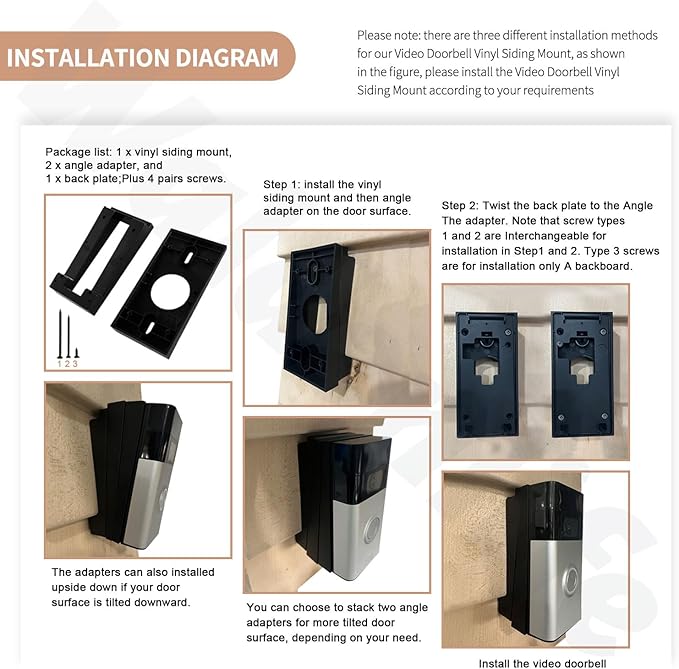 Waldenlife Video Doorbell Mount - Black Plastic Wall Mount for Ring 2/3/3 Plus - Fits Vinyl, Aluminum & Cedar Walls - Angle Adjustment