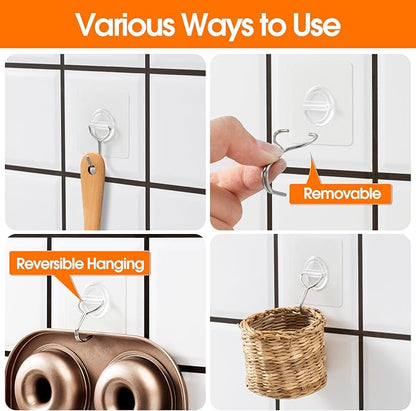 Adhesive Wall Hooks for Hanging Heavy Duty 33lb(Max), Waterproof and Rustproof Transparent Self Adhesive Hooks for Bathroom Kitchen Outdoor and Home Improvement -24 Pack