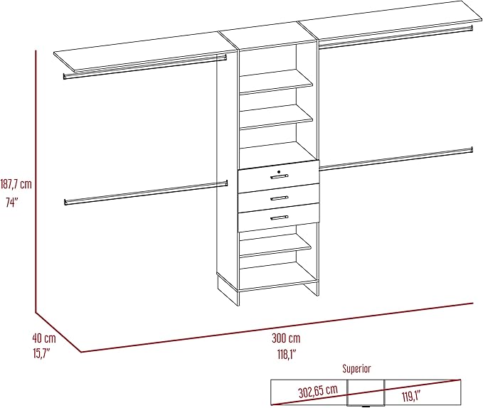 DEPOT E-SHOP Zamora 69"W - 118"W Closet System with Four Hanging Rods, Three Drawers, and Five Shelves, Dark Walnut, Bedroom