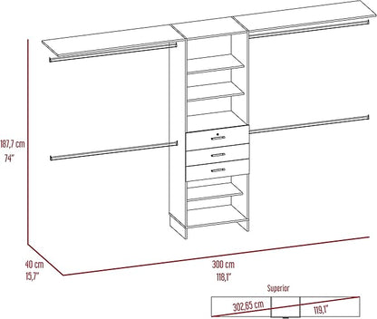 DEPOT E-SHOP Zamora 69"W - 118"W Closet System with Four Hanging Rods, Three Drawers, and Five Shelves, Dark Walnut, Bedroom