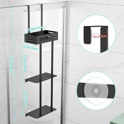 Over The Door Towel Rack, 3 Tier Hanging Towel Rack for Bathroom Stainless Steel, Over Door & Wall Mounted Towel Holder with Shelf Basket, Towel Storage for Small Bathroom, Black