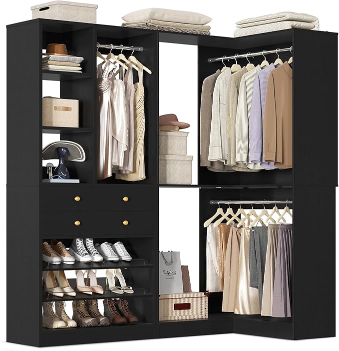 Closet System with 2 Drawers, 3 Hanging Rods, 59.5" * 31.5" Closet Organizer System with Corner Tower, Reversible L Shaped Walk-in Closet System, Corner Closet System Set of 2, Black