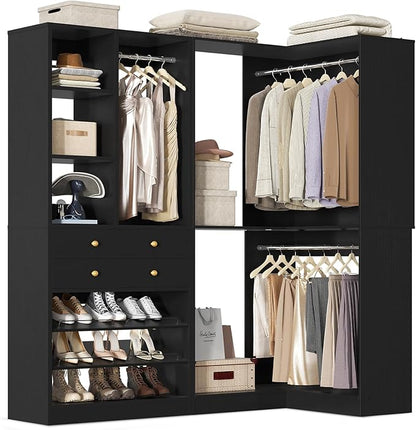 Closet System with 2 Drawers, 3 Hanging Rods, 59.5" * 31.5" Closet Organizer System with Corner Tower, Reversible L Shaped Walk-in Closet System, Corner Closet System Set of 2, Black