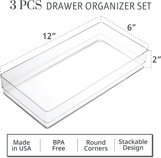 STORi SimpleSort 3-Piece Stackable Clear Drawer Organizer Set | 12" x 6" x 2" Rectangle Trays | Wide Makeup Vanity Storage Bins and Office Desk Drawer Dividers | Made in USA