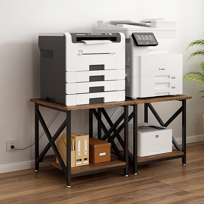 Large Printer Stand with Power Outlet, with Storage Shelf, 2 Tier Rolling Printer Cart with Industrial Wheels, 23.6 x 23.6 Inches Printer Table for Home Office,Rustic Brown