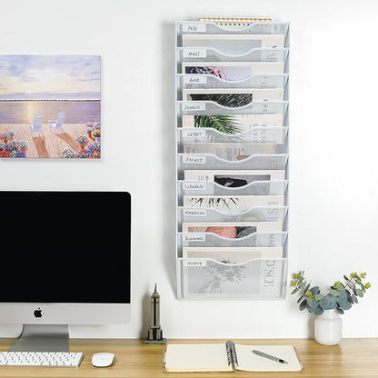 PAG Hanging Wall File Holder Organizer Mail Sorter Literature Rack for Office, 10 Pockets, White