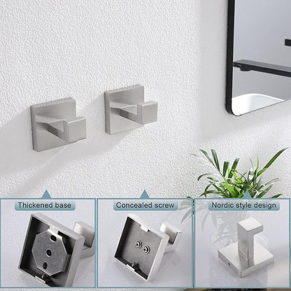 KOKOSIRI Bath Towel Hook Wall Mount Square Robe Hook Coat Hook, Bathroom Kitchen Garage Heavy Duty Wall Mounted, SUS 304 Stainless Steel, Brushed Nickel, B1010BR-P2