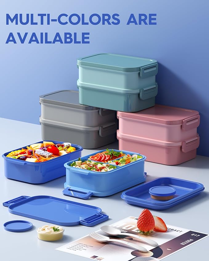 Adults Bento Lunch Box Set with Thermo Bag, 74oz Stackable Leak-proof 3-tiers Bento Box, Built-in Utensil and Sauce Container for Work, School, Dining Out (Blue)