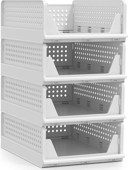 Sorbus 4 Pack Folding Closet Shelf Organizer for Clothes, Versatile Stackable Storage Baskets for Closet, Bathroom, Kitchen and Garage with Easy Access Open Front Design, Plastic Organizer Shelves