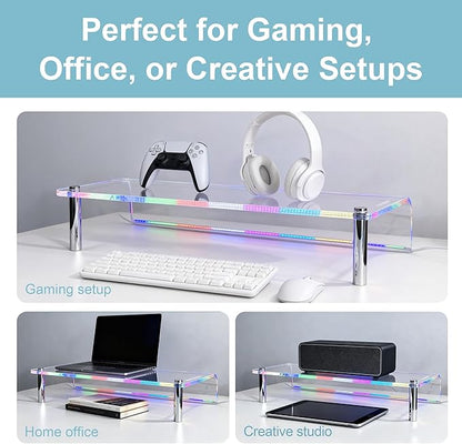 Acrylic Monitor Stand with RGB Lights, Music Sync Desk Riser with App & Button Control, Office Desktop Organizer for Gaming Setup and Home Office, Computer, Laptop, Printer, 23.6 Inch