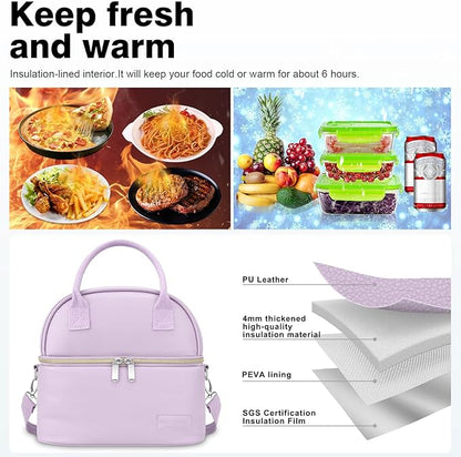 BALORAY Lunch Bag for Women Men, Double Deck Lunch Box for Adults, PU Leather Lunch Tote Bag Insulated Lunch Bags with Strap for Work Office Picnic(Purple with strap)