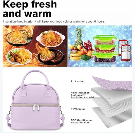 BALORAY Lunch Bag for Women Men, Double Deck Lunch Box for Adults, PU Leather Lunch Tote Bag Insulated Lunch Bags with Strap for Work Office Picnic(Purple with strap)