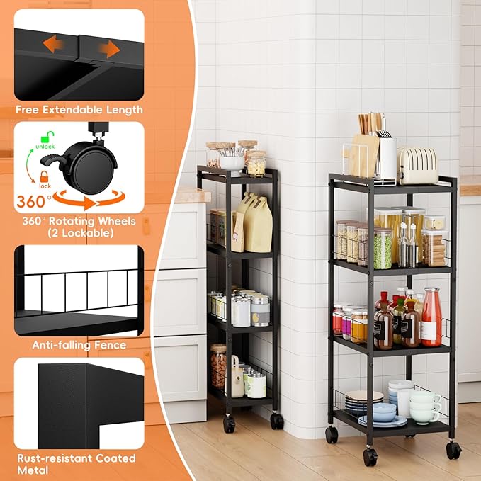 Expandable Slim Storage Cart with Wheels, 4 Tier Narrow Metal Rolling Utility Cart Organizer Adjustable Open Floor Shelf Unit for Small Spaces Bathroom Laundry Room Kitchen