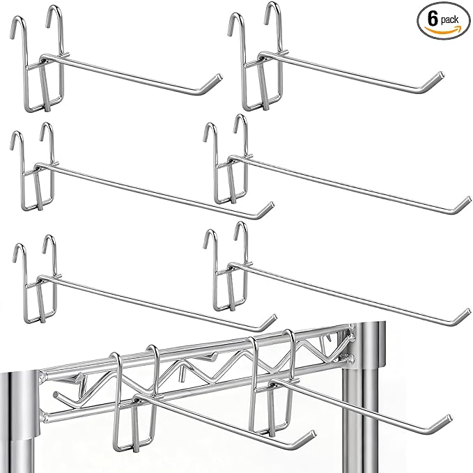 6 Pcs Accessory Hooks for Wire Shelving, 3.9/5.9/7.9 Inch Heavy Duty Metal for Hanging Kitchen Utensils, Storage Rack Display Organizer Accessories, Accessories Room Organization (Silver)