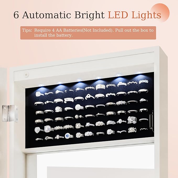 Mirror Jewelry Cabinet,Lockable Wall or Door Mounted Jewelry Armoire Organizer With Built-up Mirror,LED Lights, Drawers,Cosmetic Trays,Shelves, 14.4"x3.15"x 43.1"（White）