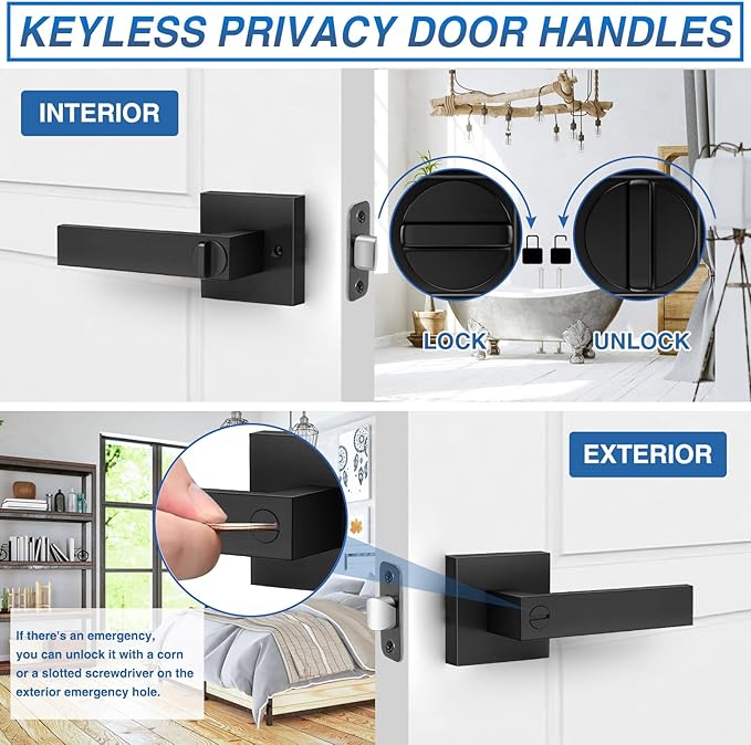 10 Pack Matte Black Door Handles, Keyless Interior Door Knobs, Privacy Door Lever Locksets for Bedroom Bathroom, Heavy Duty Square Door Lock (2.0lb), Reversible for Left&Right Handled Doors