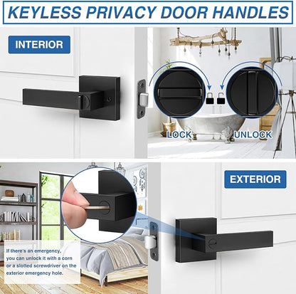 10 Pack Matte Black Door Handles, Keyless Interior Door Knobs, Privacy Door Lever Locksets for Bedroom Bathroom, Heavy Duty Square Door Lock (2.0lb), Reversible for Left&Right Handled Doors