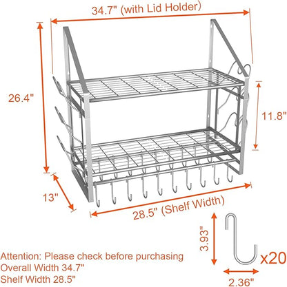 28 Inch Pot Rack Wall Mounted, 2 Tier Pots and Pans Organizer with 20 Hooks and 6 Pot Lid Holders, Heavy Duty Steel Pot and Pan Hanger for Kitchen Cookware Utensils Storage, Silver