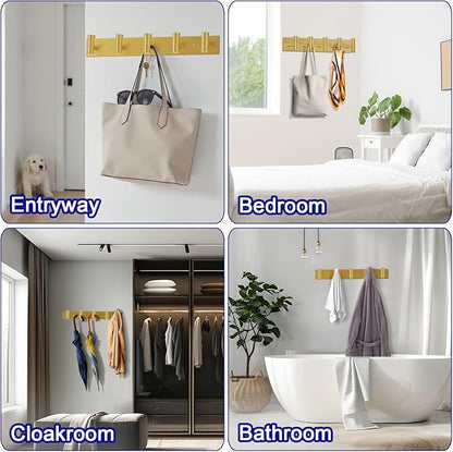 Coat Rack Wall Mount - 5 Hat and Coat Hooks, Heavy Duty Towel Racks for Bathroom Entryway, Wall Hooks for Hanging Robes Bags, Hat Rack Key Hanger Organizer (Gold)