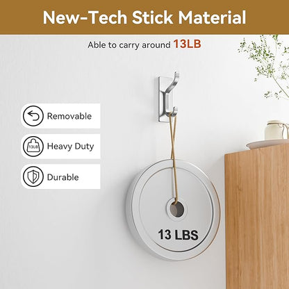 pickpiff Adhesive Wall Hooks for Hanging Towels - Heavy Duty Stick On Hooks, Strong Hold up to 13 lbs, Hangers for Coats, Bags, Purses, Ideal for Door, Closet, or Bathroom, Brushed Silver,4 Pack