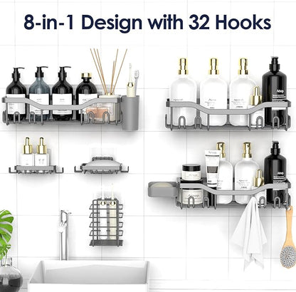 Shower Caddy Adhesive Shower Organizer 8-Pack, Rustproof Stainless Steel Bathroom Shelves, Large Capacity No-Drill Rack Storage Accessories with Soap Dish Toothbrush Holder Hooks