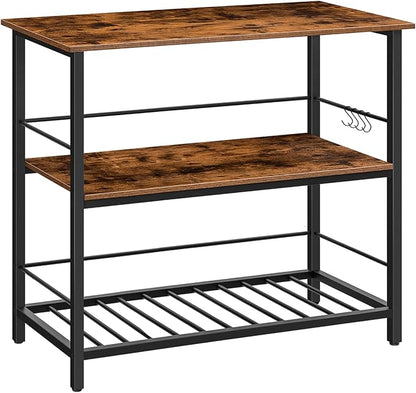 HOOBRO Kitchen Island with Wine Rack, Industrial Island Counter with Hooks and Protective Rails, 3 Tier Kitchen Shelf with Large Workstation, Easy Assembly, Rustic Brown BF02ZD01