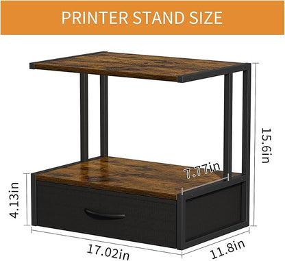 Printer Stand with Storage for Desk, with Fabric Drawer Desktop Printer Stand Shelf Organzier for Home Office, for Above and Under Desk Printer Table, Fax Machine Copier Scanner, Brown