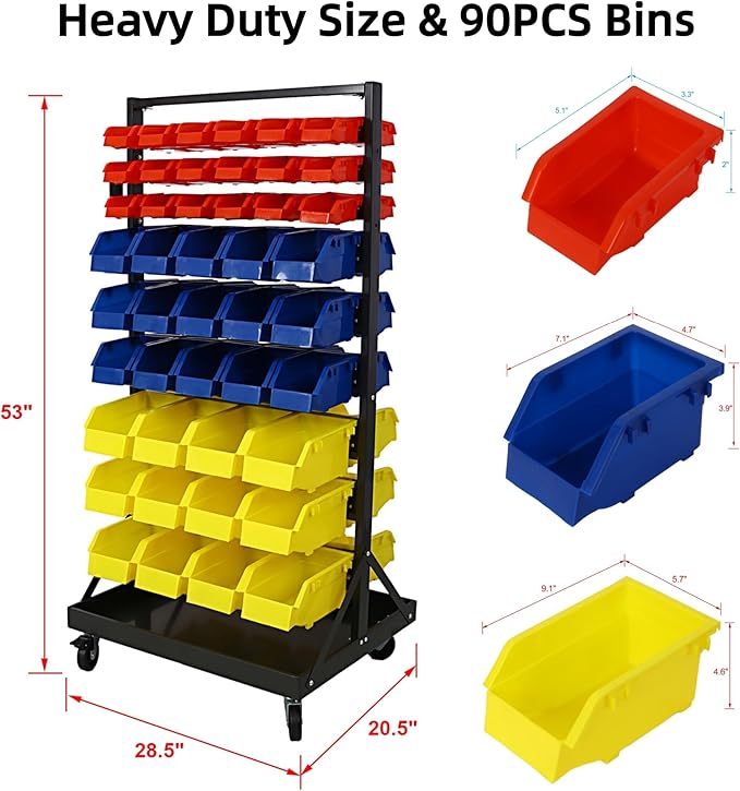 Montary 90 Parts Bin Shelving Storage Organizer with Locking Wheels, 9-Tier Dual-Sided Rolling Steel Shelf 450 lbs Capacity, for Shop Garage and Home