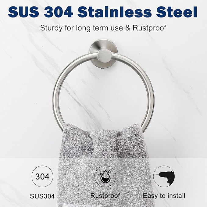 NearMoon Bath Towel Ring, Bathroom Hardware Accessories-Thicken Stainless Steel Hand Towel Holder for Bathroom, Modern Round Towel Hanger Wall Mounted (Brushed Nickel, 4 Pack)