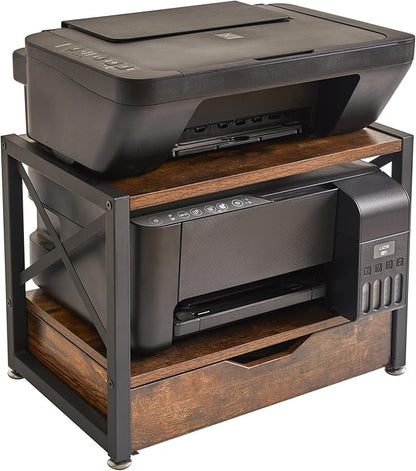 IBUYKE 2 Tier Desktop Printer Stand,Multi-Purpose Desk Organizer,Wooden Printer Stand with Drawer Storage for Folders,Books,for Fax Machine, Scanner,Home Office,Rustic Brown UTLJ006H