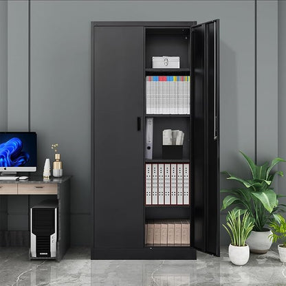 CJF Metal Storage Cabinet, 71" H Locking Cabinet with 5 Adjustable Shelves for Garage, Classroom, School, Home, Office, Pantry-Black
