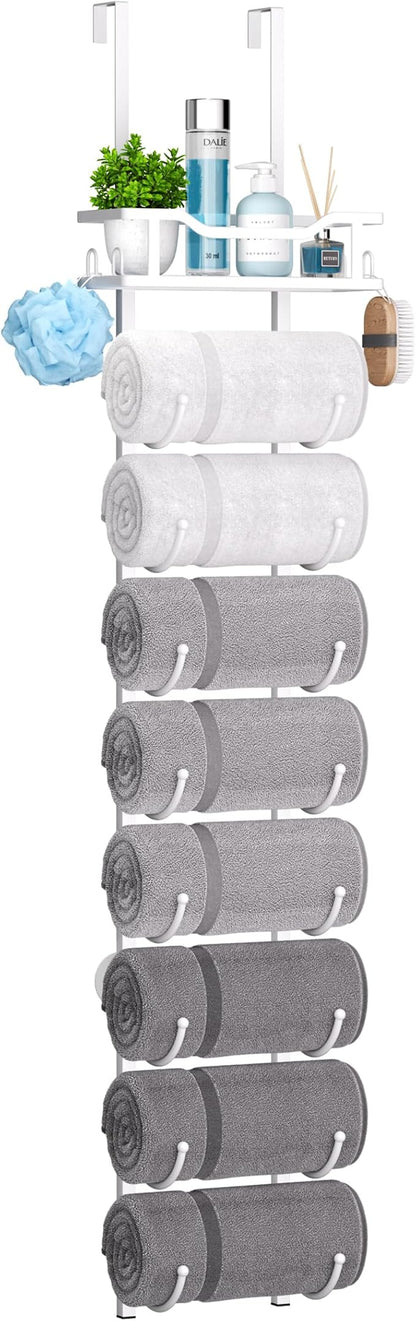 SWTYMIKI Over The Door Towel Rack - 9 Tier Towel Racks for Bathroom Wall Mounted, Towel Holder with Shelf, Hanging Rolled Towel Storage Organizer for Small Bathroom, Camper, RV, White