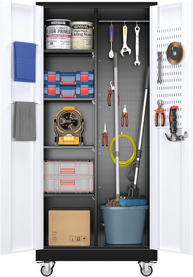 Broom Closet Storage Cabinet with Wheels, 5 Pegboard and 13 Hooks, Metal Garage Storage Cabinet with Doors and 4 Adjustable Shelves for Garage Bathroom, Assembly Required, Black and White