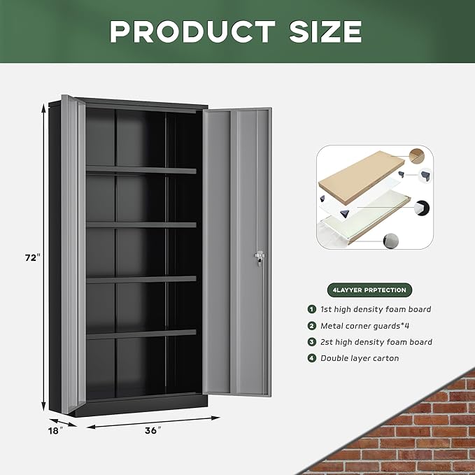 Greenvelly Metal Garage Storage Cabinet, 72" Black Gray Tool Steel Locking Cabinet with Doors and 4 Shelves, Tall Cabinets for Garage Storage Systems Lockable File Cabinet for Home Office,Garage