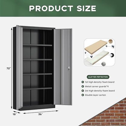 Greenvelly Metal Garage Storage Cabinet, 72" Black Gray Tool Steel Locking Cabinet with Doors and 4 Shelves, Tall Cabinets for Garage Storage Systems Lockable File Cabinet for Home Office,Garage