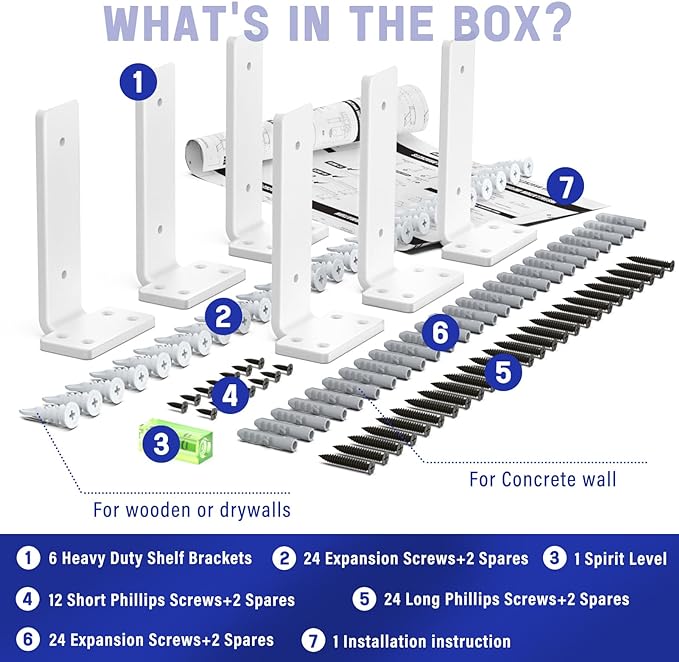 Goovilla Shelf Bracket, Heavy Duty Floating Shelf Brackets 6 inch Long, 6 Pack Brackets for Shelves, White Coated Metal Wall Shelf Support Brackets with 1/5 Inch Thick and 160 lb. Load Capacity