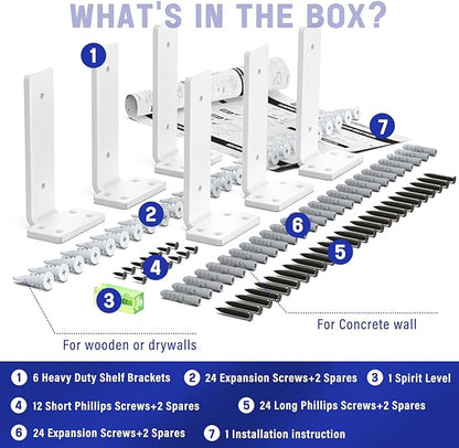 Goovilla Shelf Bracket, Heavy Duty Floating Shelf Brackets 6 inch Long, 6 Pack Brackets for Shelves, White Coated Metal Wall Shelf Support Brackets with 1/5 Inch Thick and 160 lb. Load Capacity